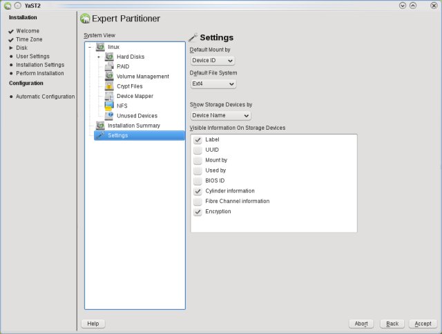 Partitioning settings