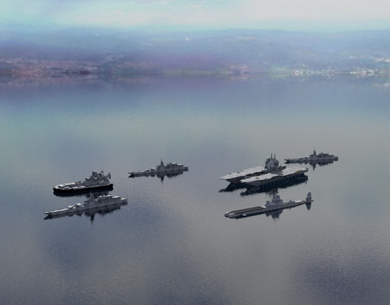 Fleet at anchor, calm sea, another