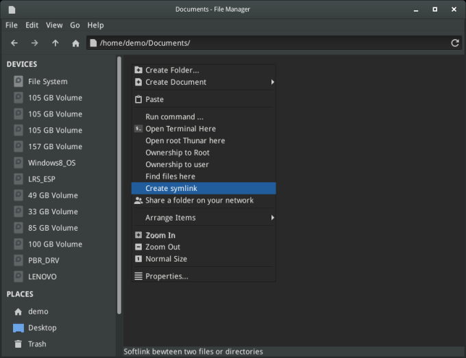 Thunar, context menu