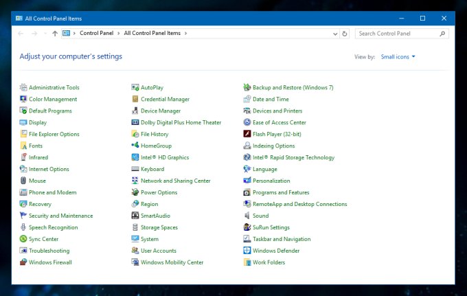 Control Panel options