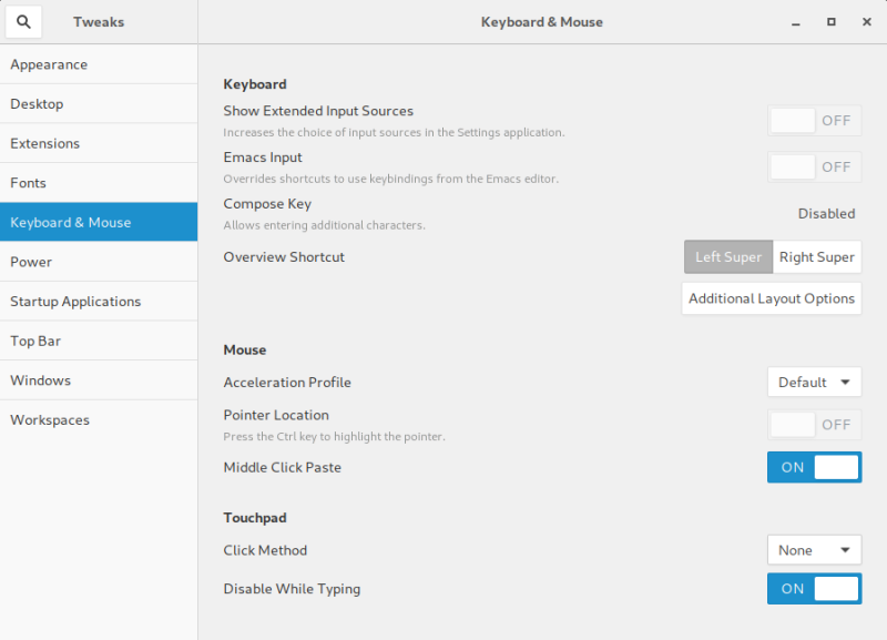 Gnome Tweak Tool, touchpad