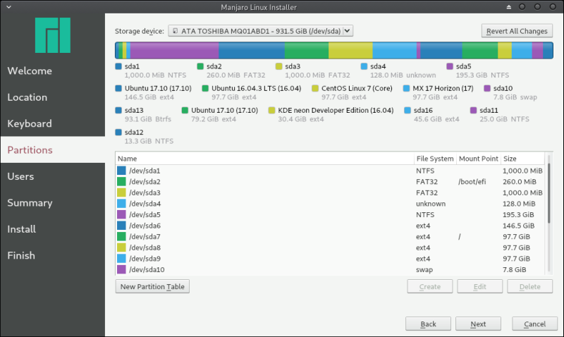 Partitions selected