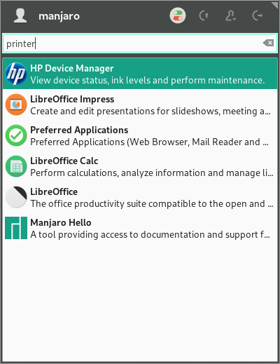 Printer in the menu