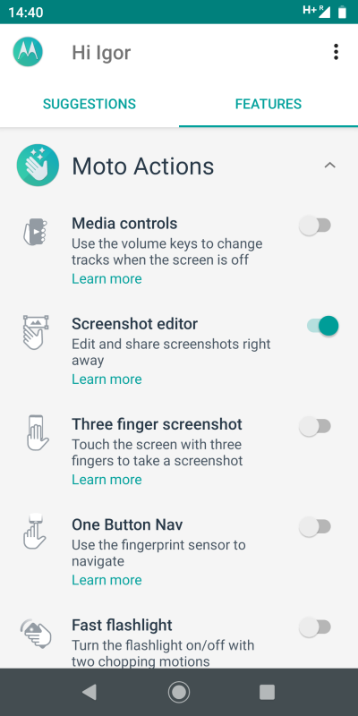 Moto Actions, settings