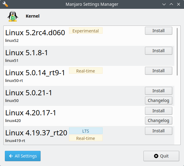 Settings Manager, kernels