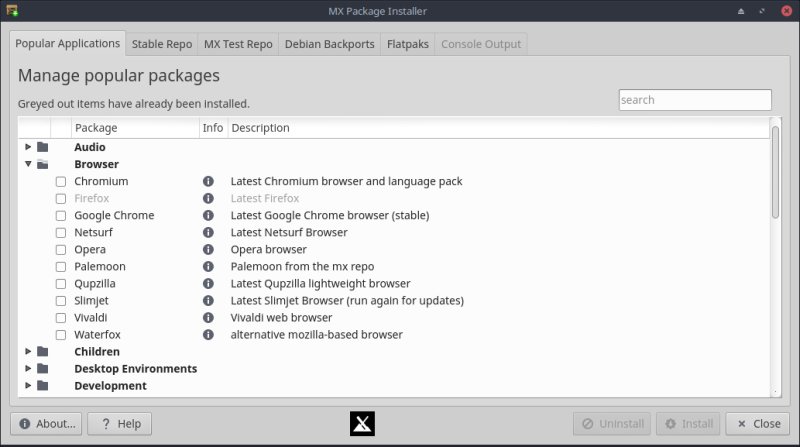 Package Installer, browser section