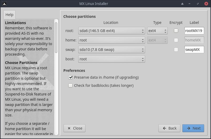 Partitions selected