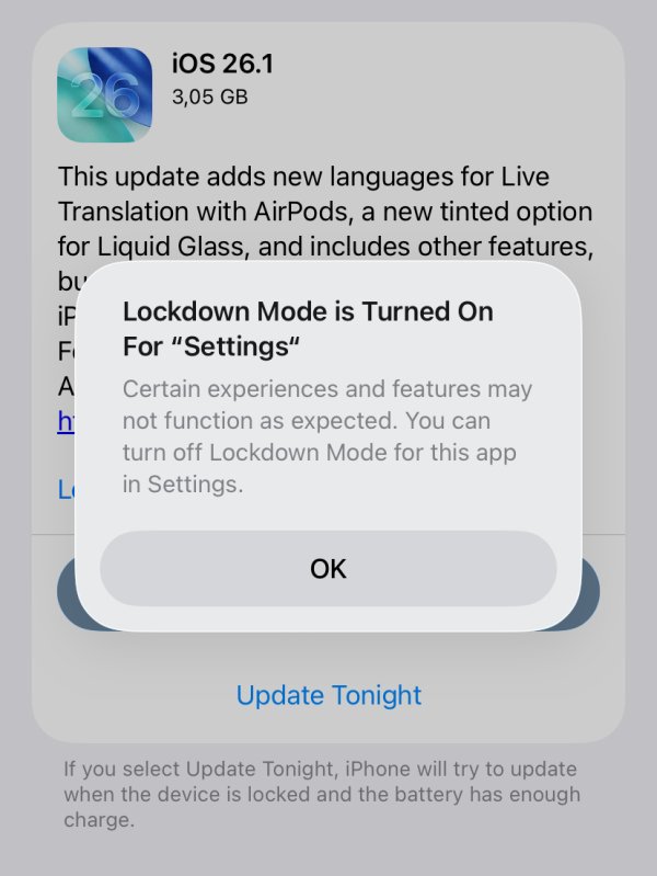 Lockdown mode Settings warning