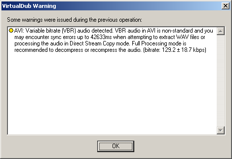 VirtualDub audio bitrate warning