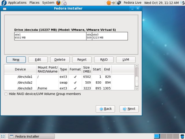 Fedora partitions layout