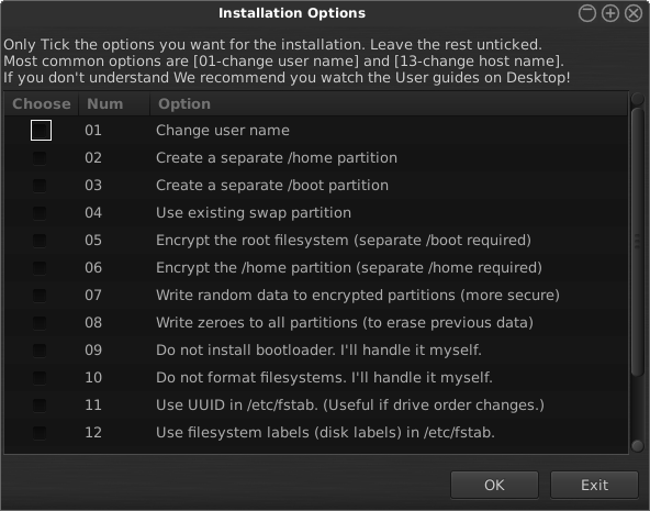Installer, too many options