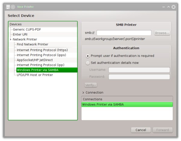 No Samba printing in the installed desktop