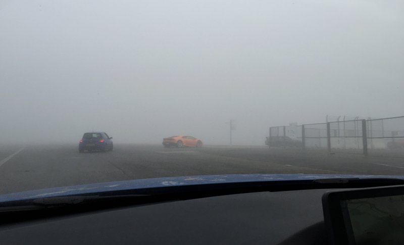 Arriving at the circuit, fog